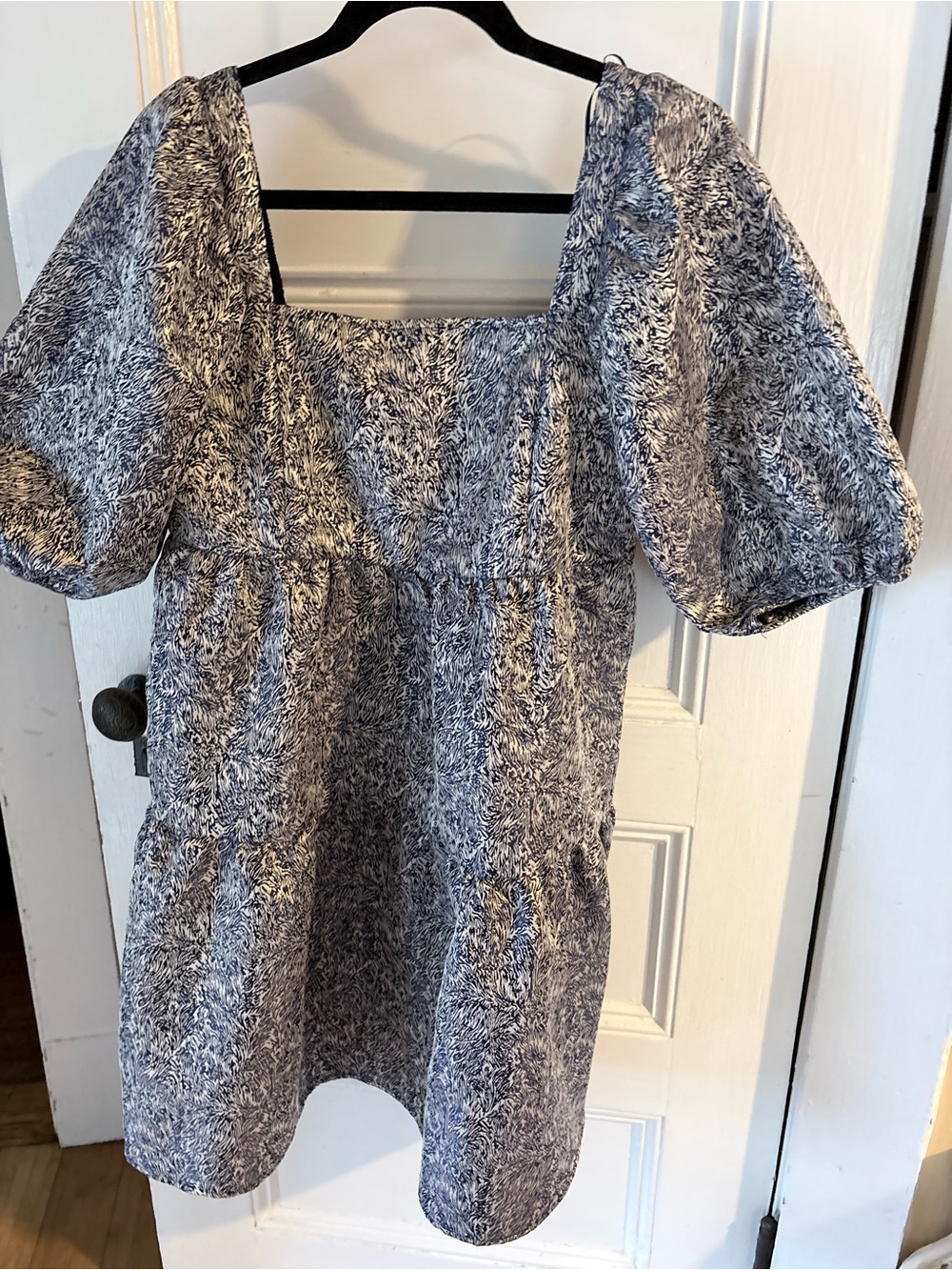 Moon River Blue-White Puff Sleeve Mini Dress